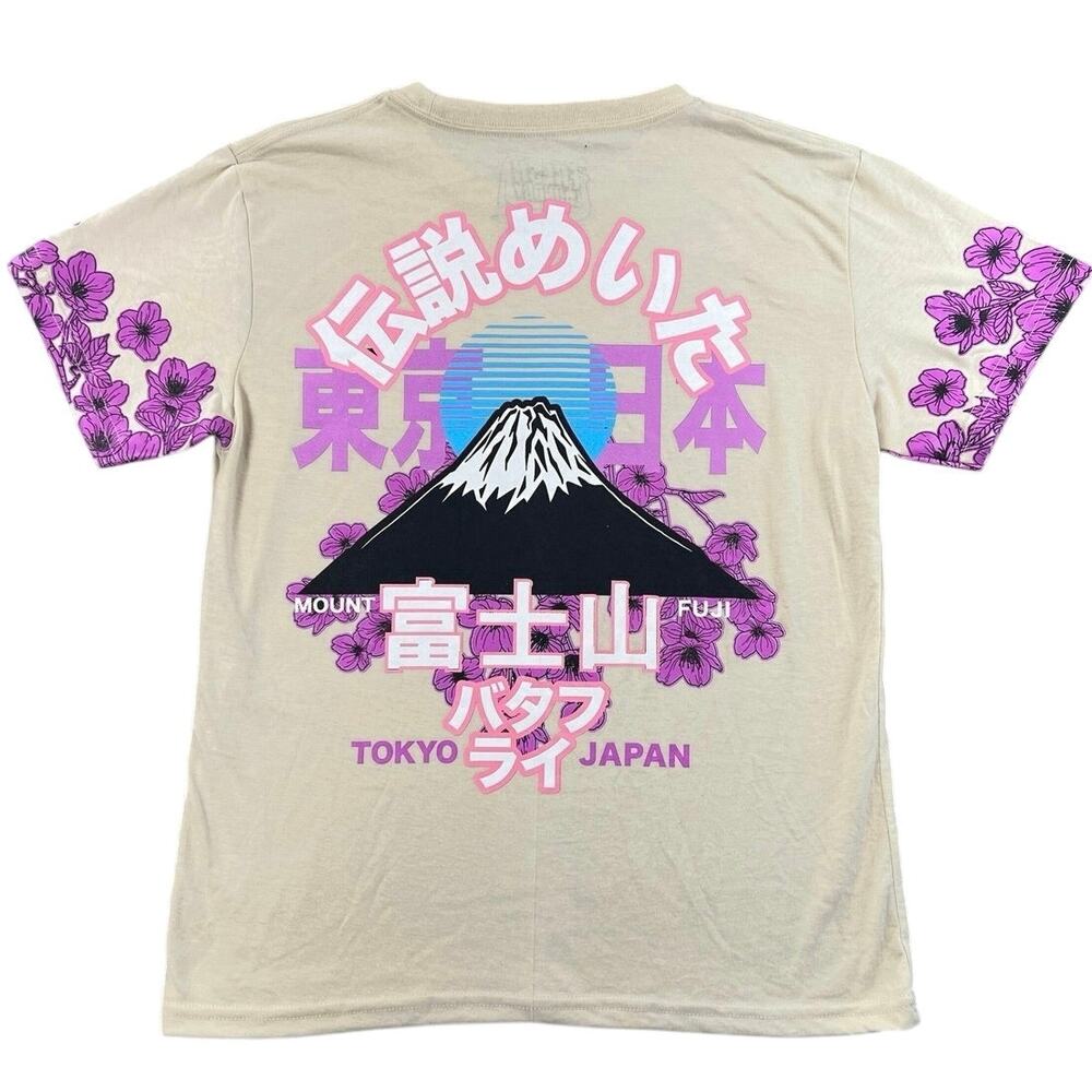 Fresh Laundry Mount Fuji Tokyo Japan Graphic Tee Cherry Blossom Sleeve Beige - L